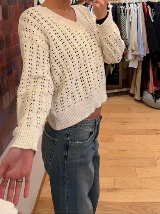 Universal Thread Cream V-Neck Open Eyelet Knit Sweater - Picture 7 of 7